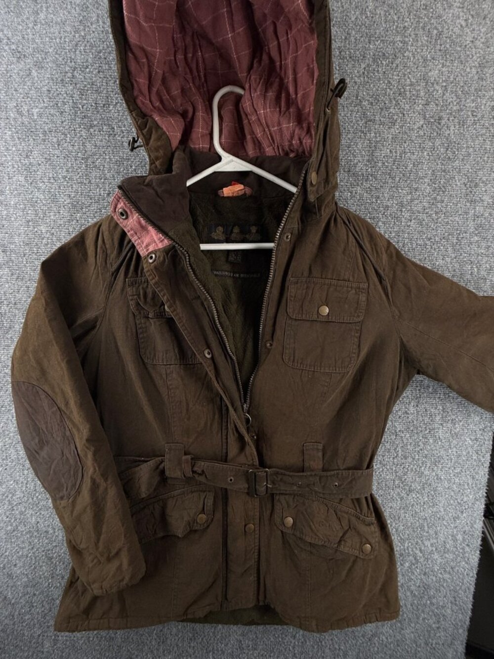 Barbour EQUINE Wax Jacket Women Brown Fleece Inside Hooded Size 12 US Thick